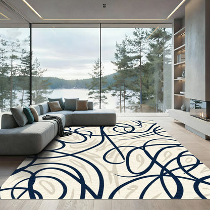 Dark Blue Swirl Cream Abstract Rug