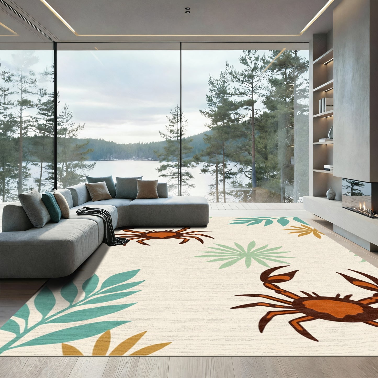 Coastal Orange Crab Tropical Leaves Rug