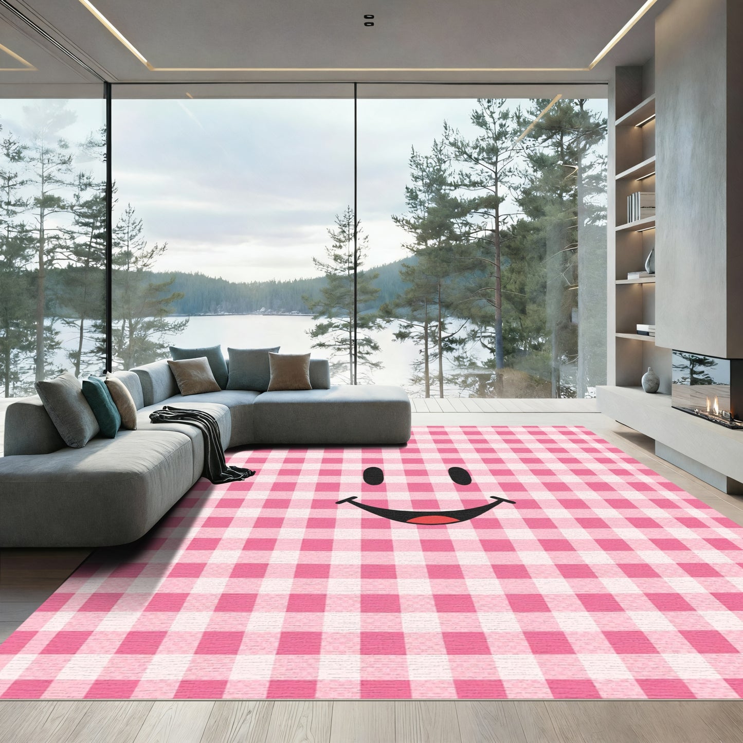 Pink Plaid Happy Face Charm Rug