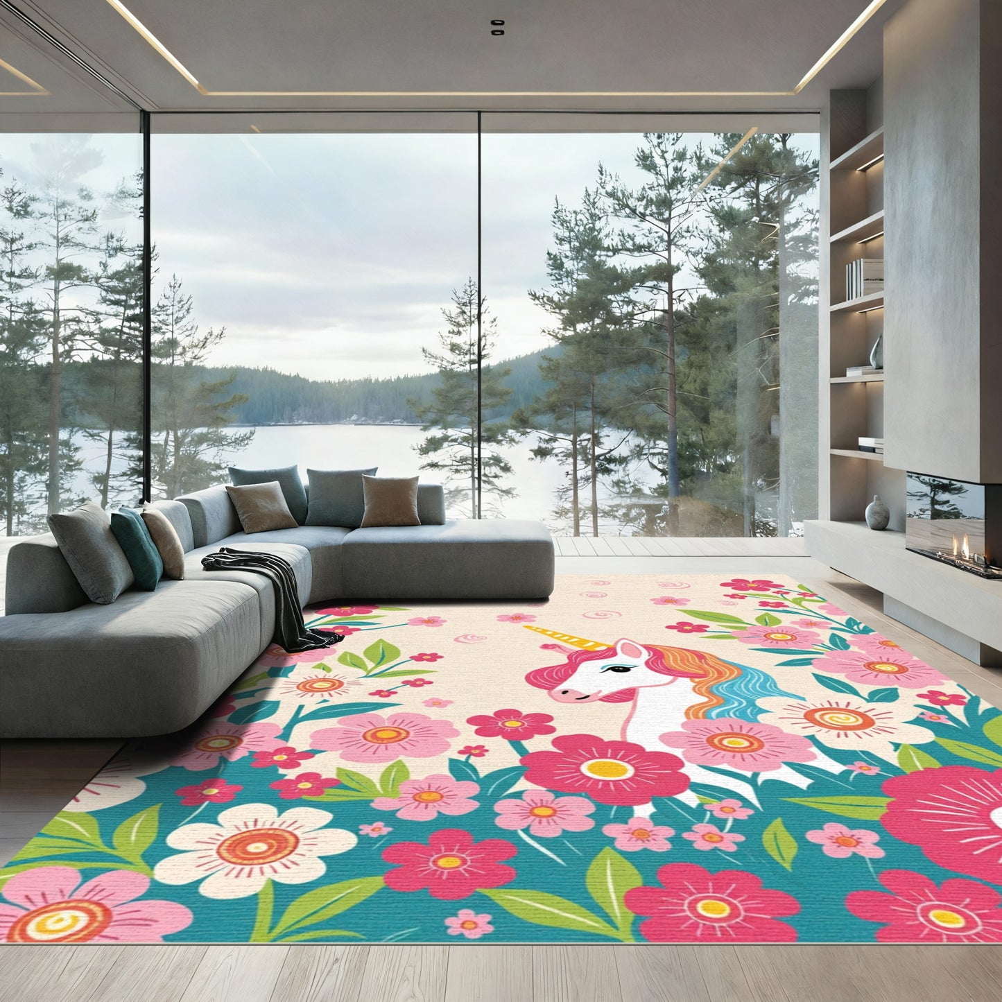 Whimsical Unicorn Floral Garden Statement Rug