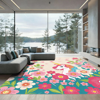 Whimsical Unicorn Floral Garden Statement Rug
