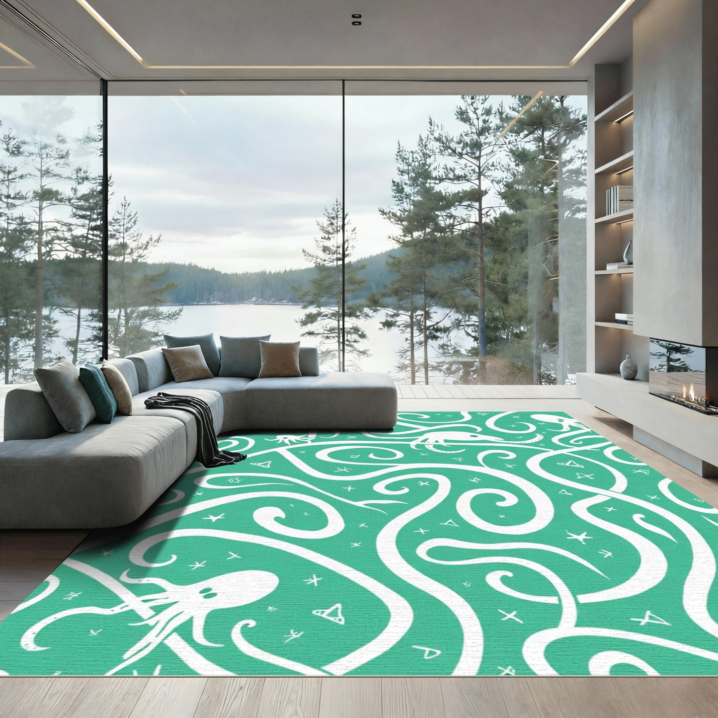 Turquoise White Octopus Tentacle Swirl Rug