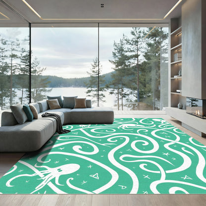 Turquoise White Octopus Tentacle Swirl Rug