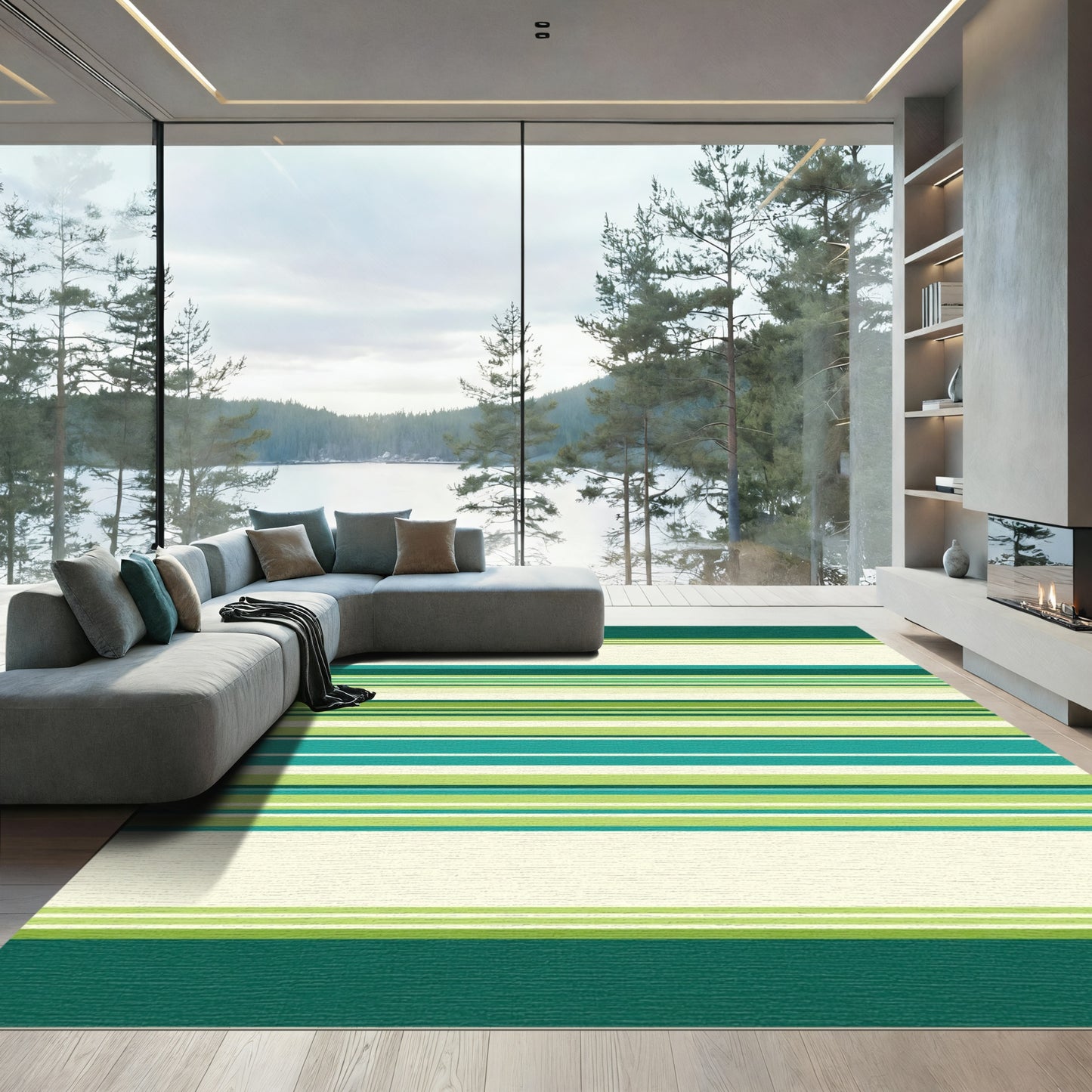 Teal Green Cream Striped Rug