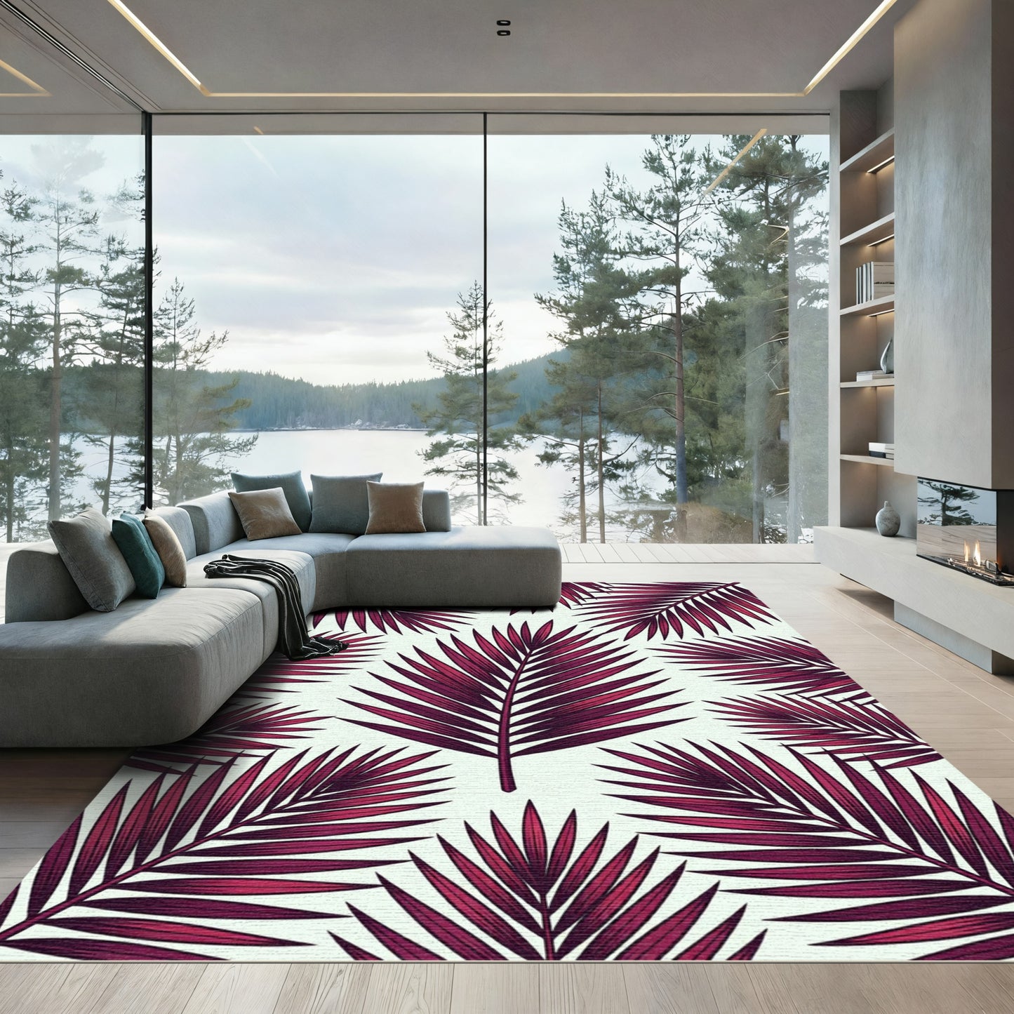 Crimson Palm Leaf Tropical Composition Rug