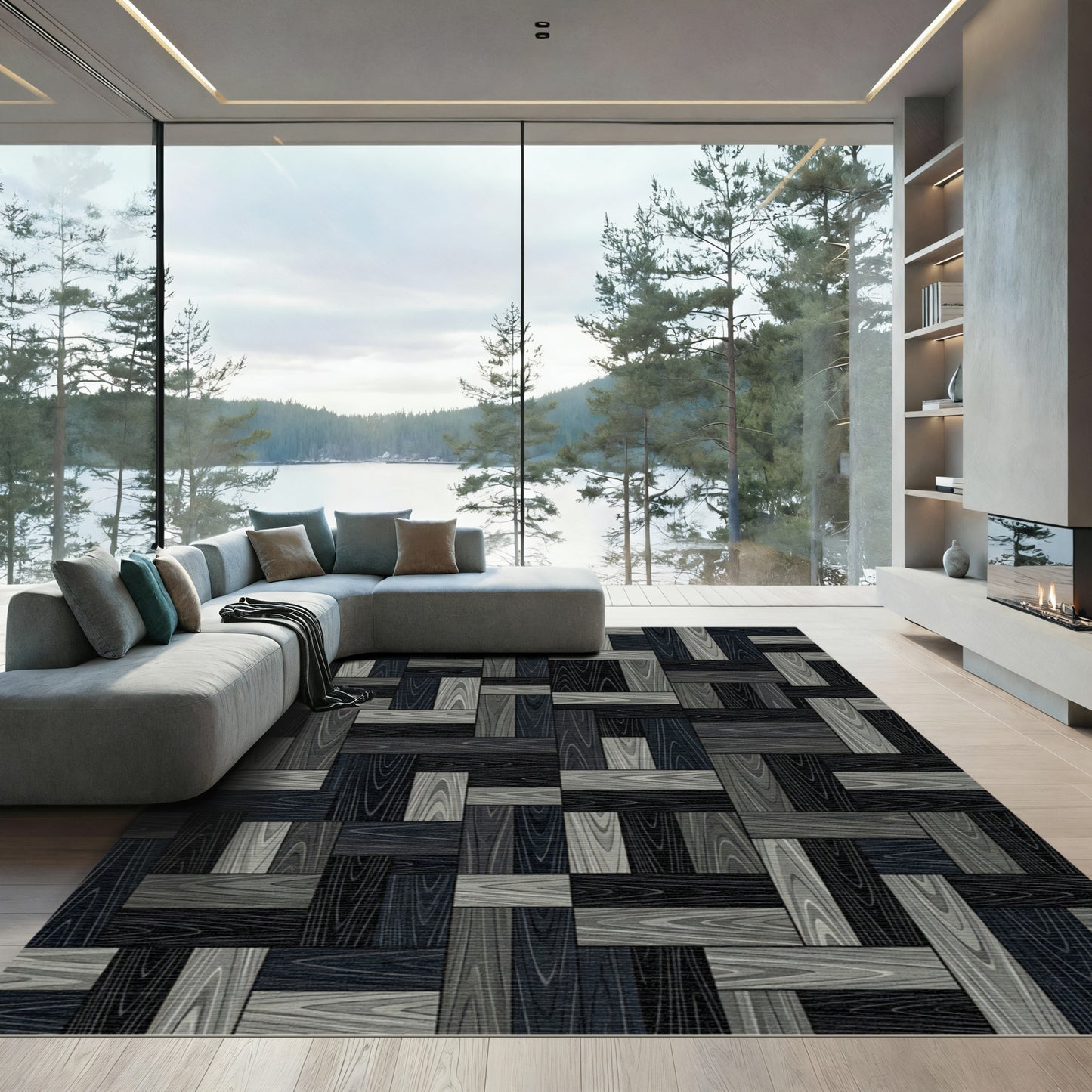 Dark Gray Wood Plank Parquet Rug