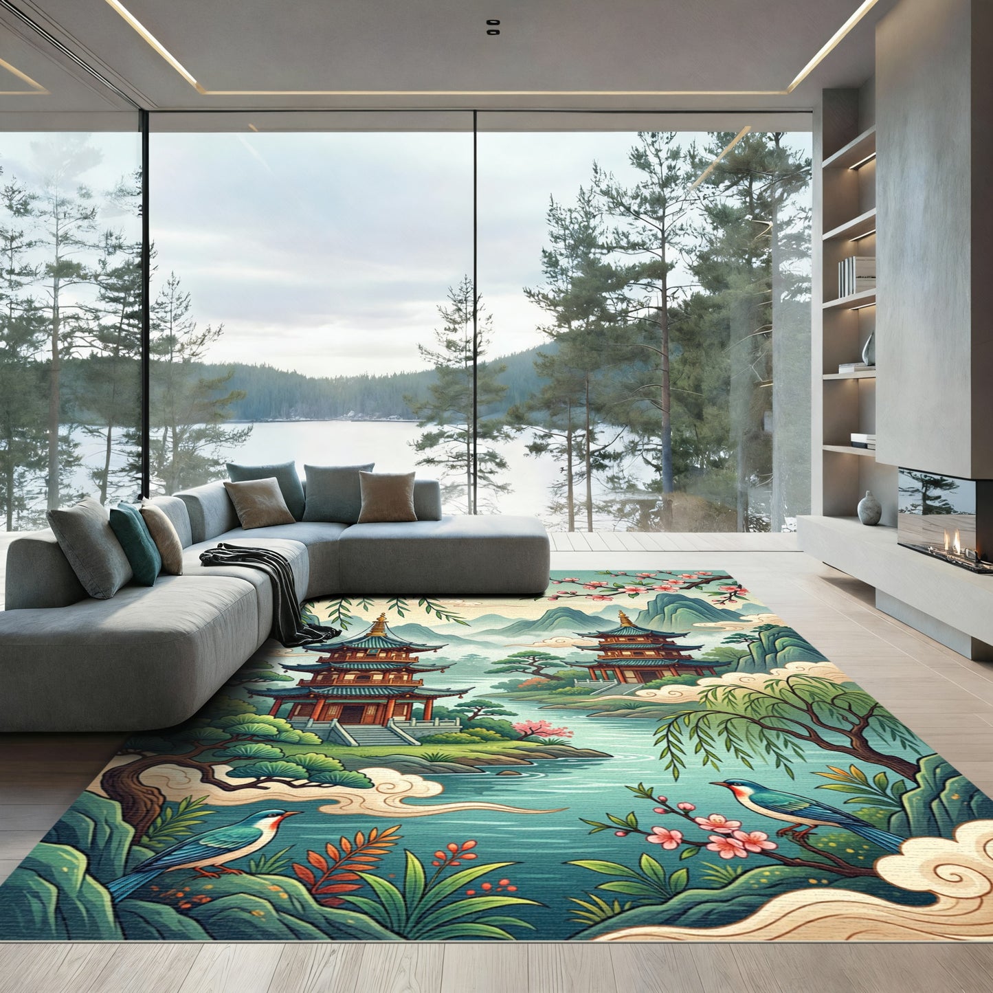 Serene Asian Pagoda Mist Mountain Landscape Rug