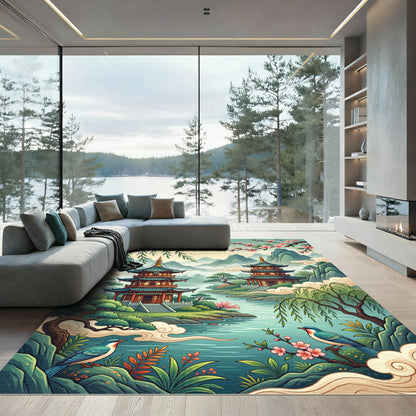 Serene Asian Pagoda Mist Mountain Landscape Rug
