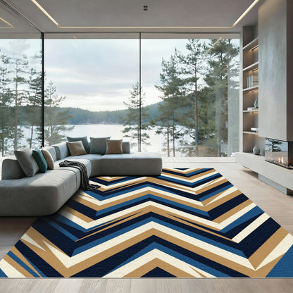 Modern Navy and Gold Geometric Chevron Rug