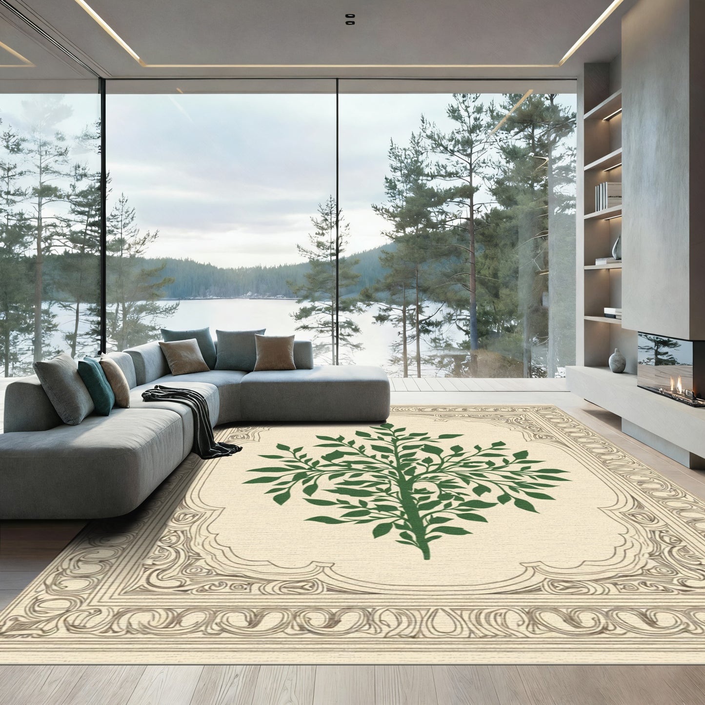 Green Tree Symmetry Border Rug