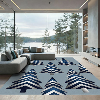 Modern Navy and Silver Chevron Trees Rug