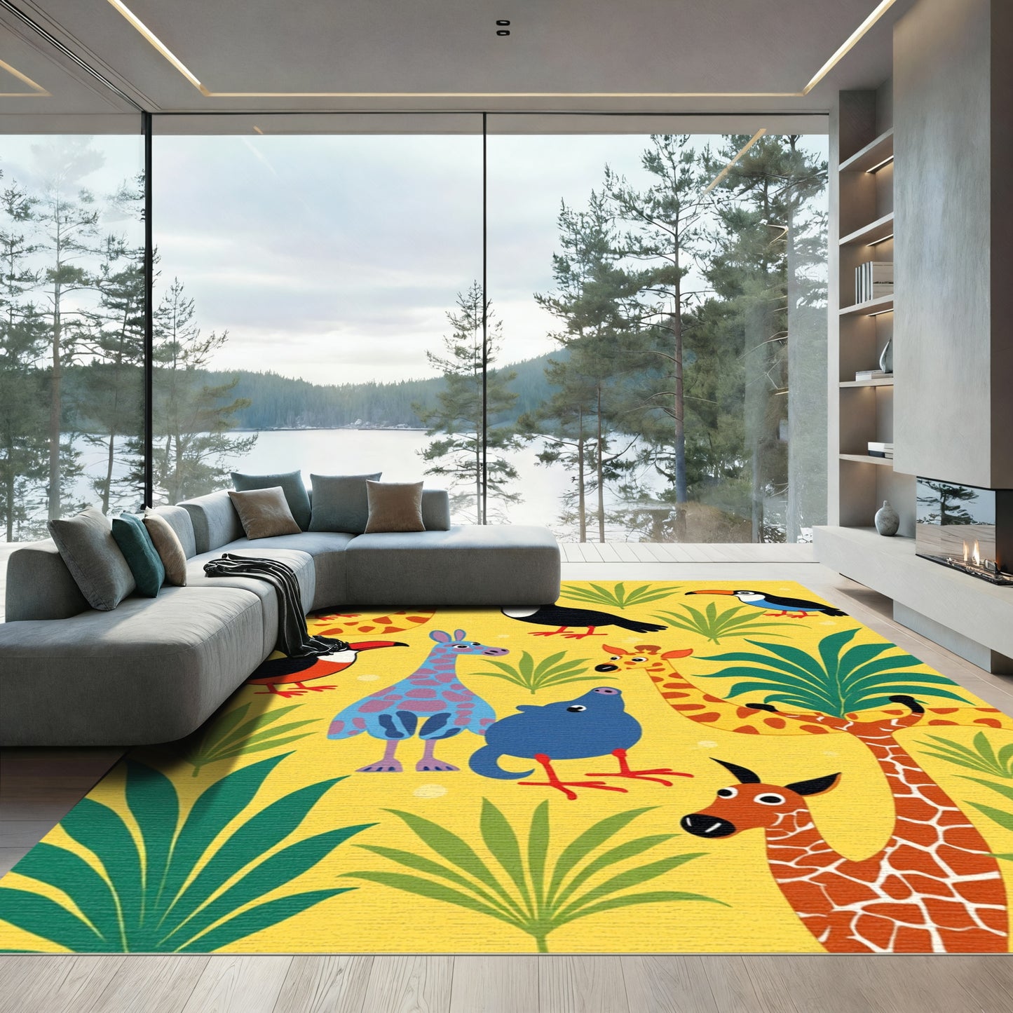 Golden Yellow Jungle Animals Toucan Giraffe Rug