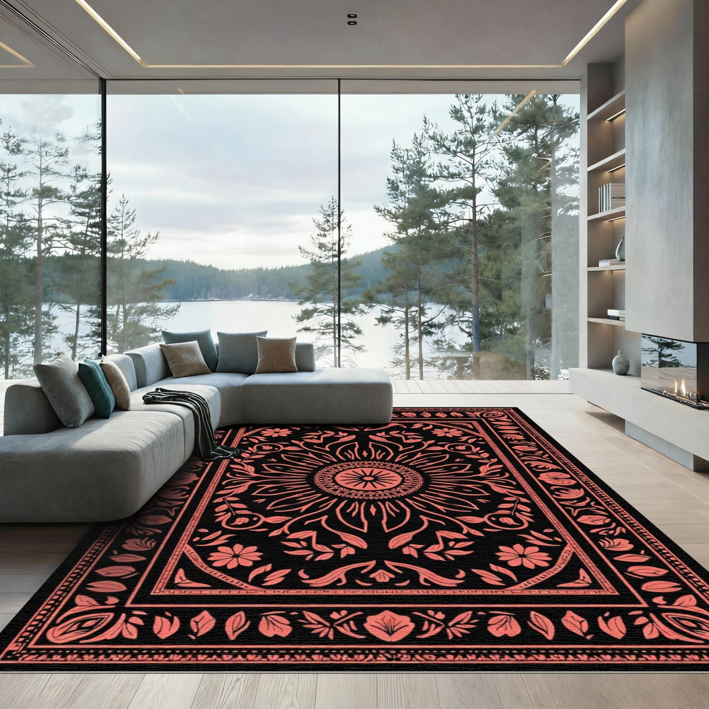 Coral Floral Sunburst Mandala Rug