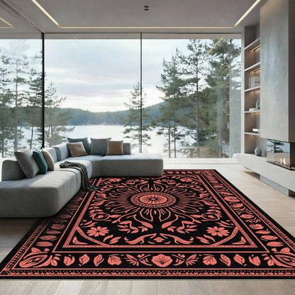 Coral Floral Sunburst Mandala Rug