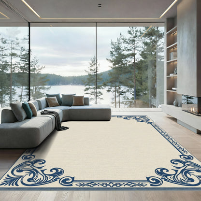 Navy Blue Ornate Flourish Border Rug