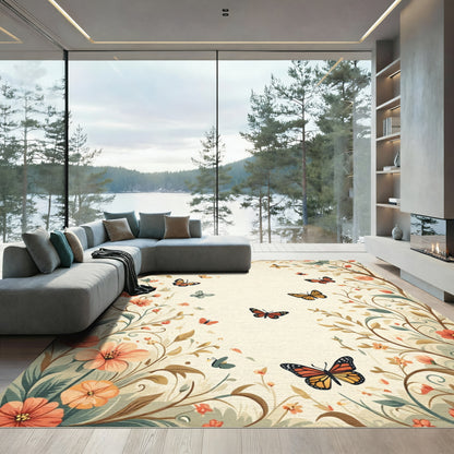 Whimsical Floral Flying Butterflies Garden Rug