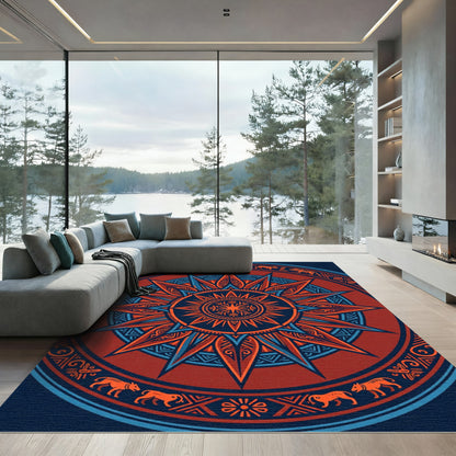 Red Orange Sun Animal Mandala Rug