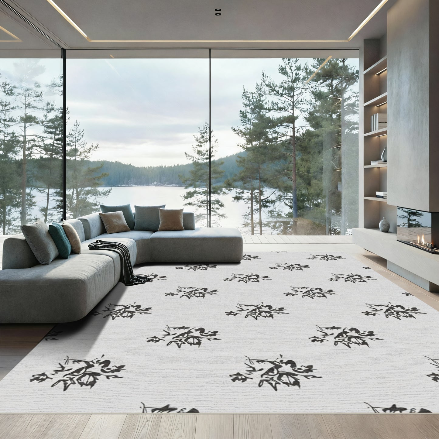 Hand Drawn Black Floral Bouquet Rug