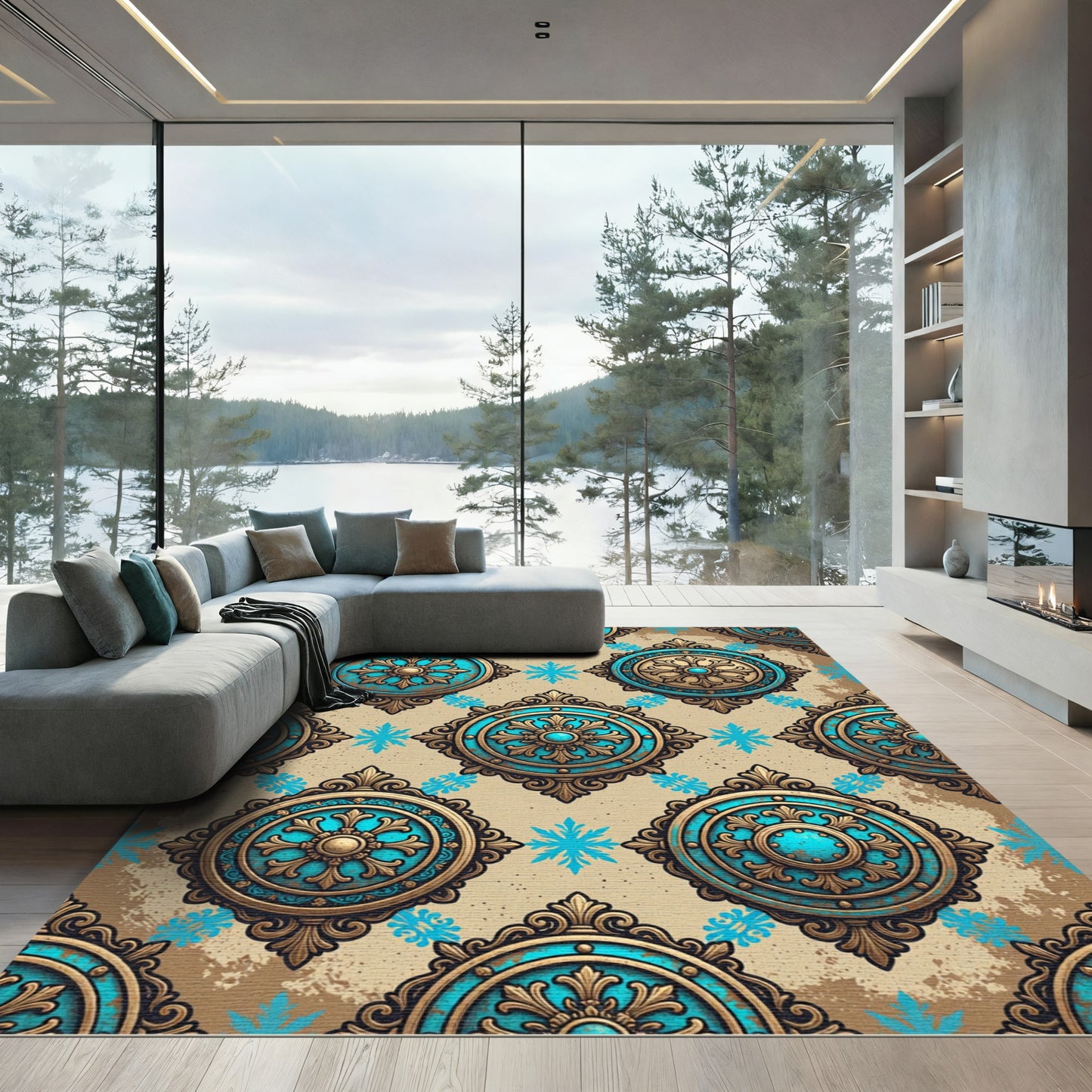 Turquoise Gold Ornate Medallion Rug