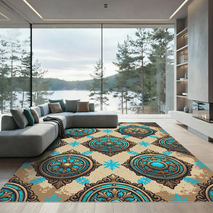 Turquoise Gold Ornate Medallion Rug