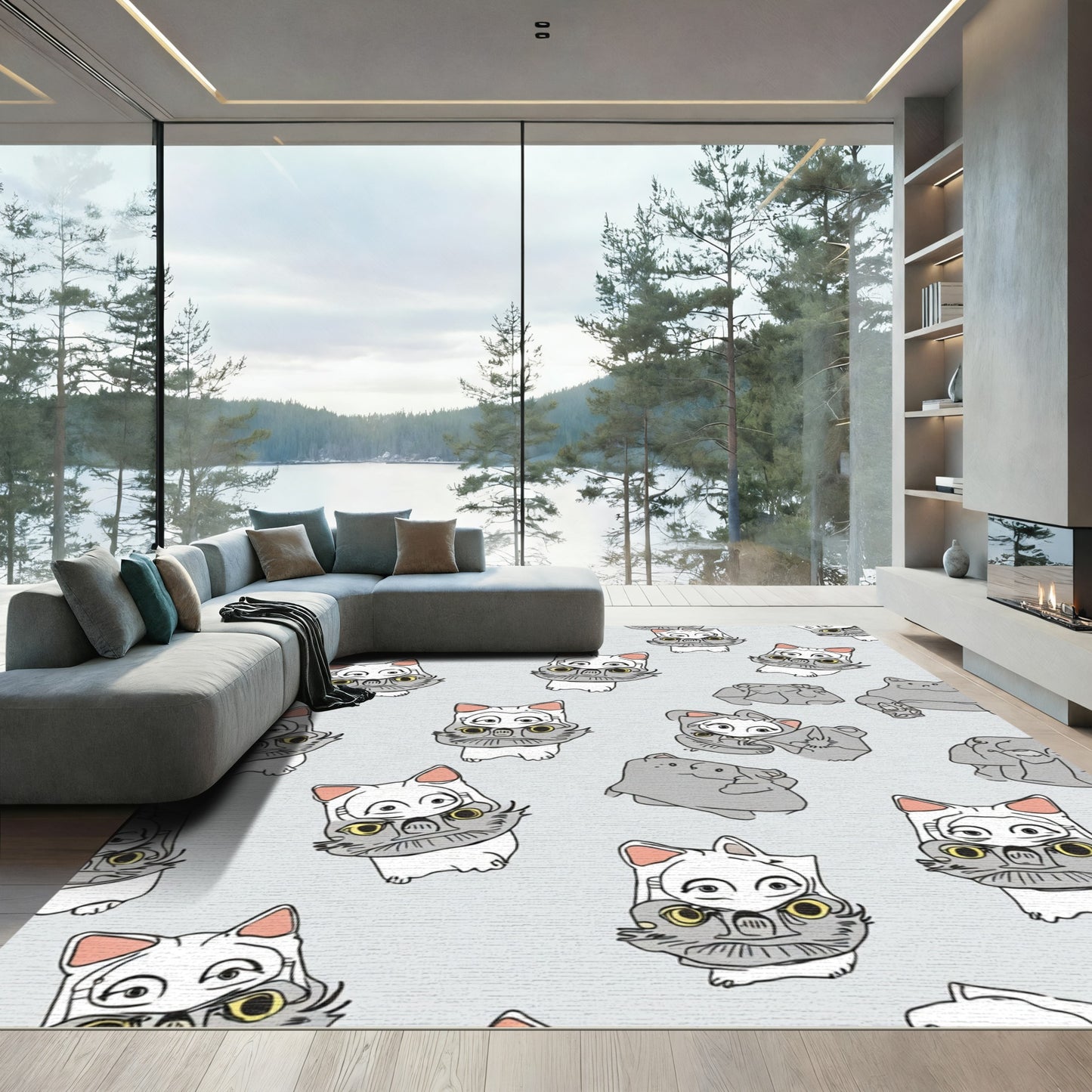 Whimsical Gray Cat Collage Rug