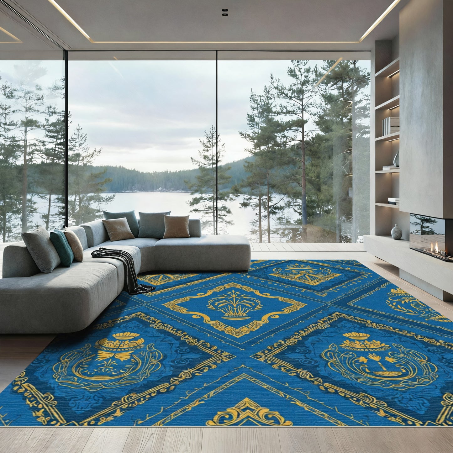 Royal Blue Gold Crested Diamonds Rug