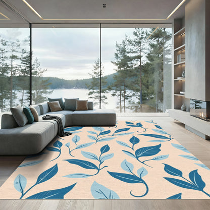 Navy Blue Leafy Branch Watercolor Rug