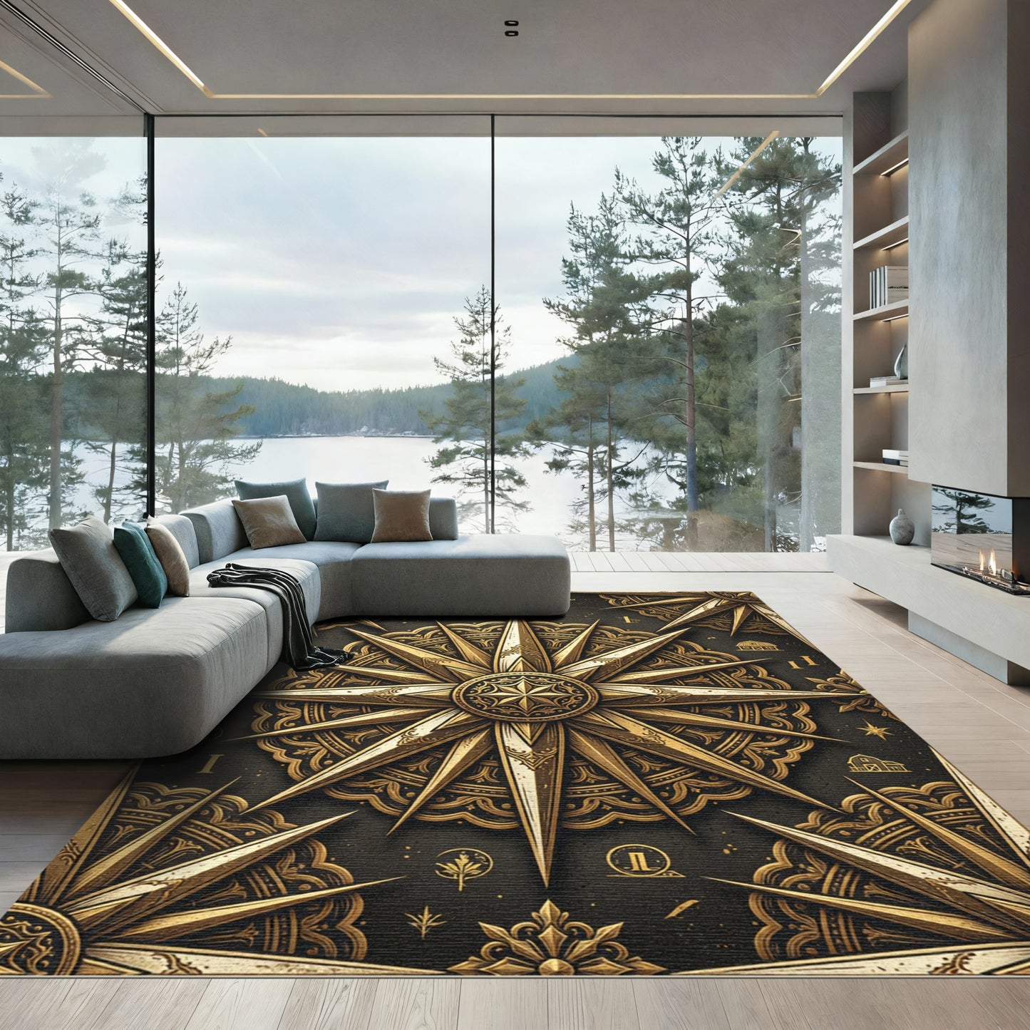Ornate Gold Compass Rose Medallion Rug