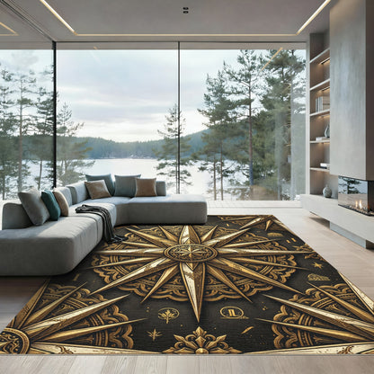 Ornate Gold Compass Rose Medallion Rug