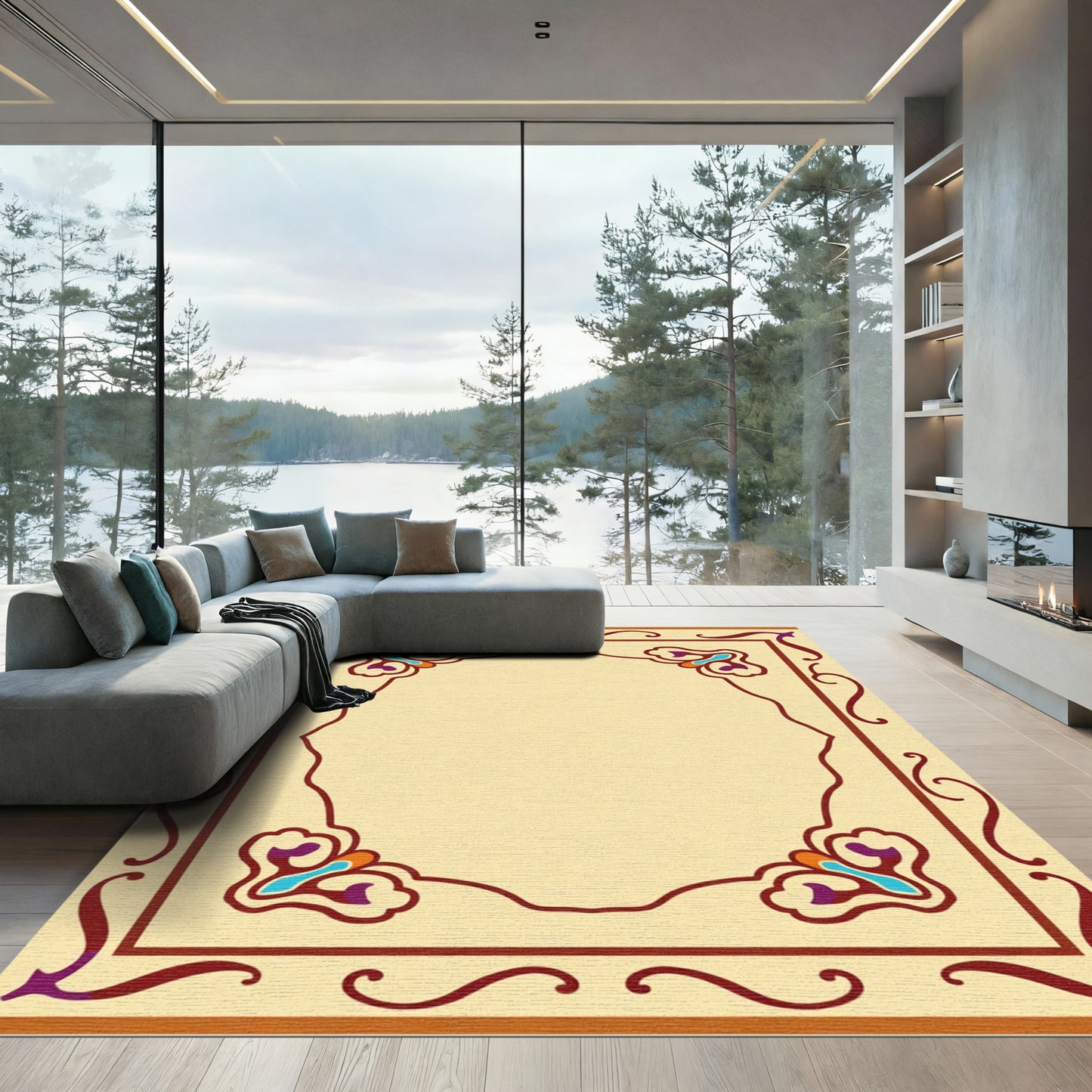 Crimson Floral Bordered Cream Rug