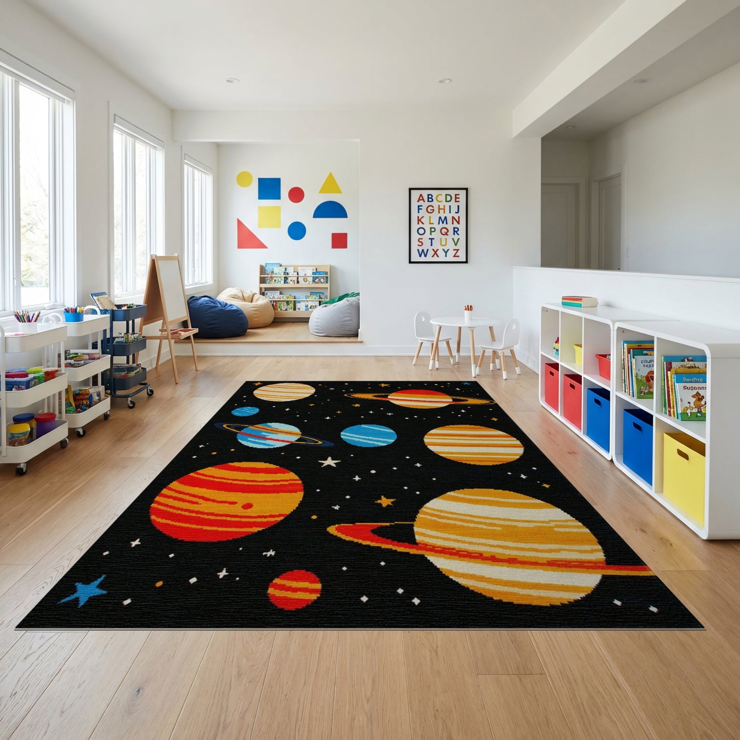 Whimsical Striped Planets Stars Cosmic Rug