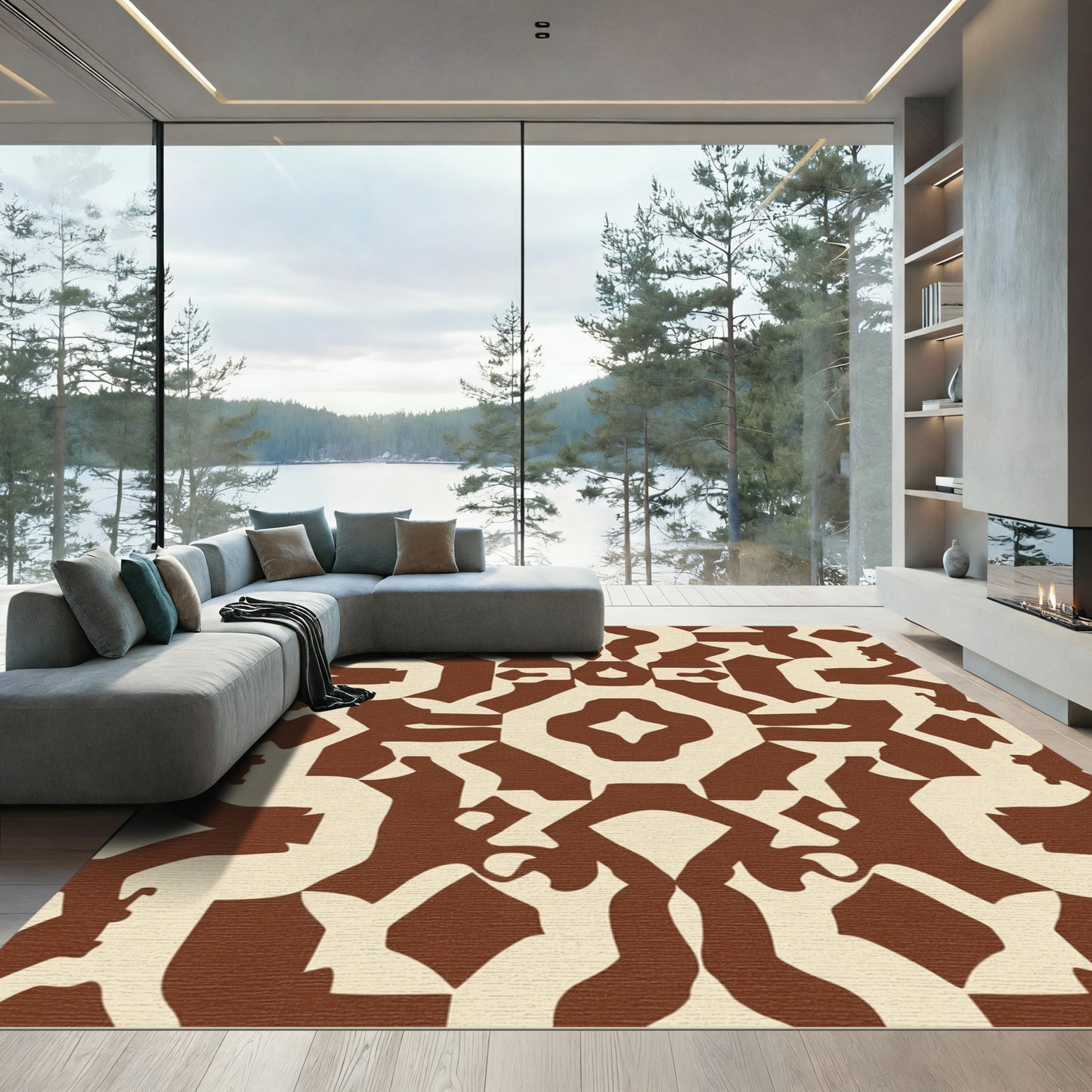 Brown Cream Abstract Bone Medallion Rug