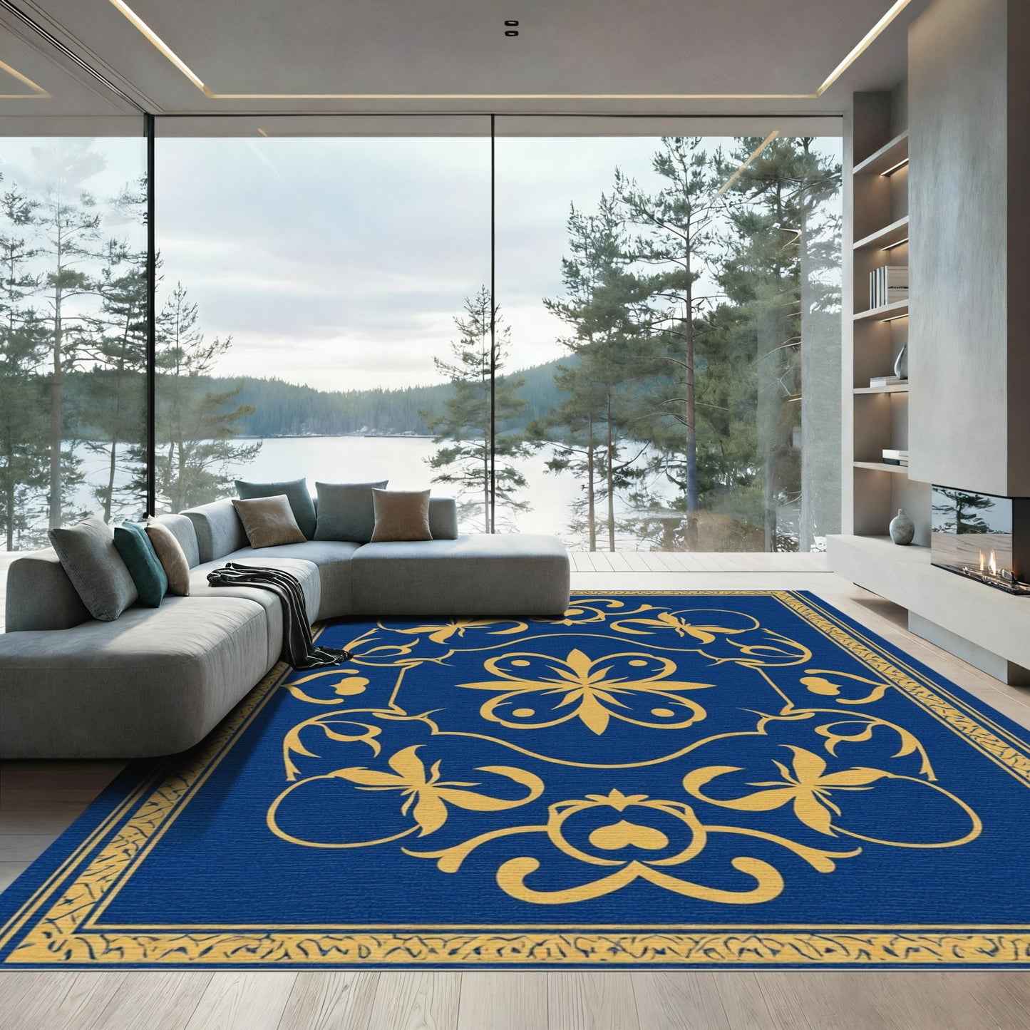 Golden Floral Medallion on Royal Blue Rug