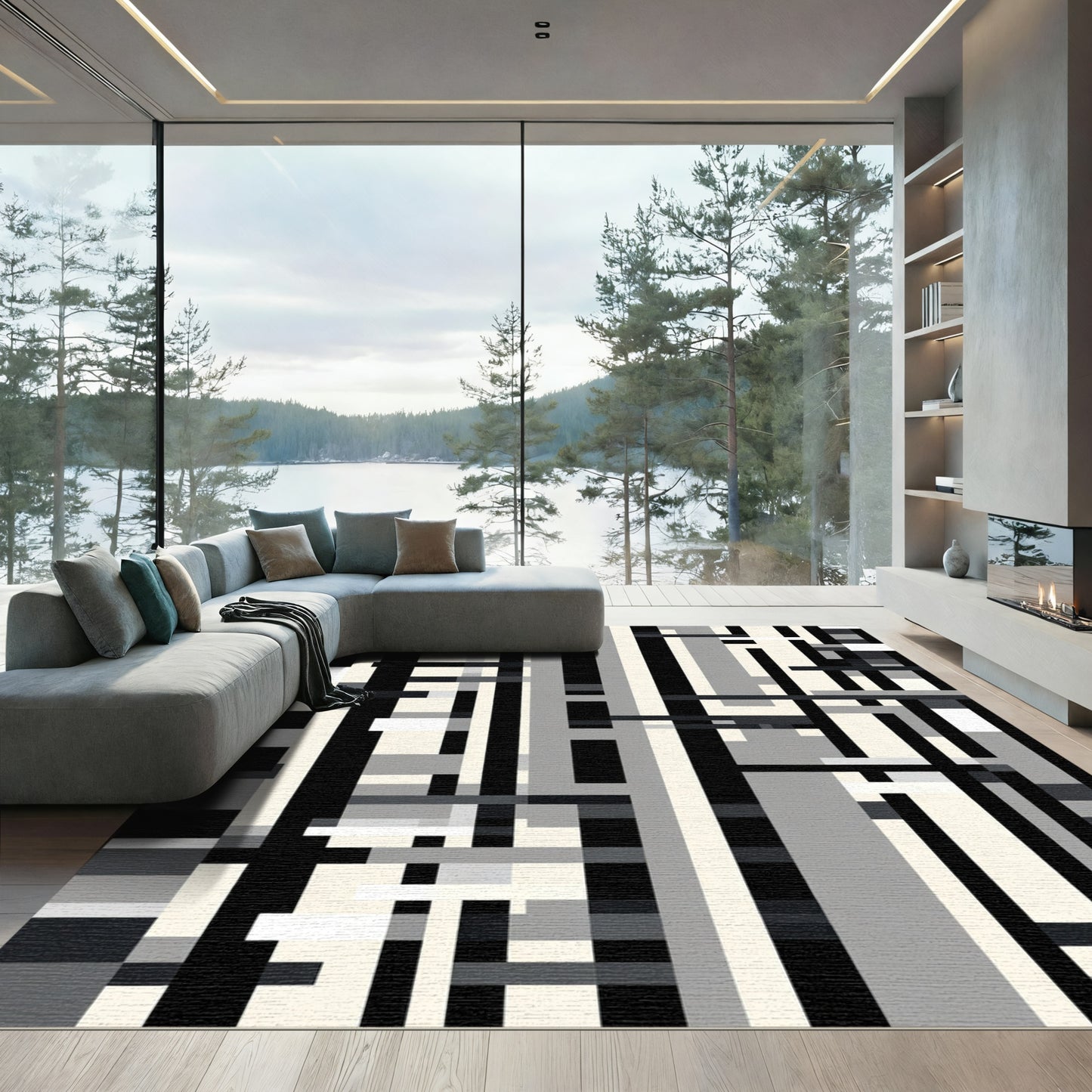Monochromatic Abstract Geometric Lines Rug