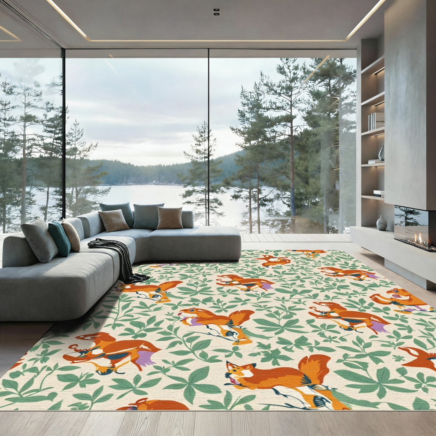 Whimsical Orange Foxes Green Foliage Rug