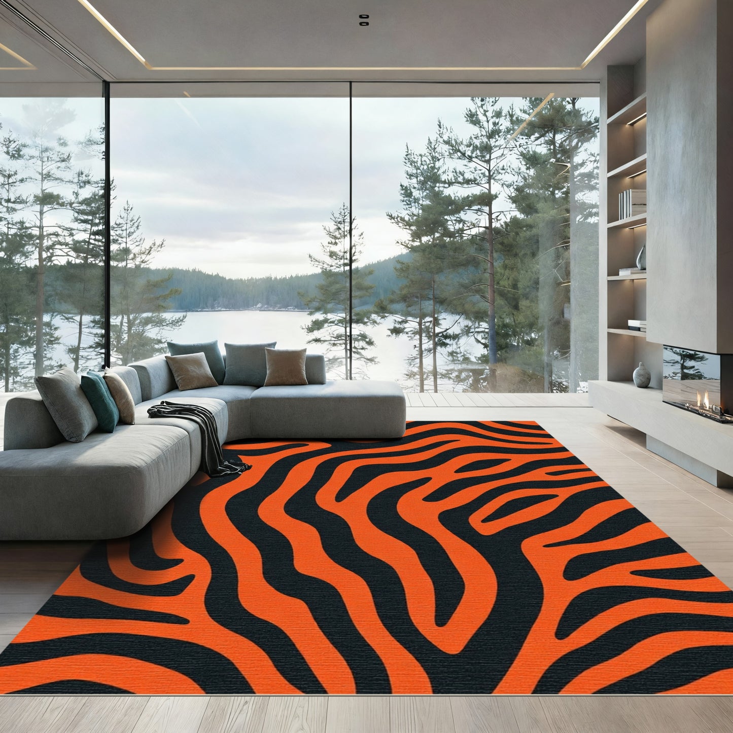 Bold Orange Black Zebra Waves Rug