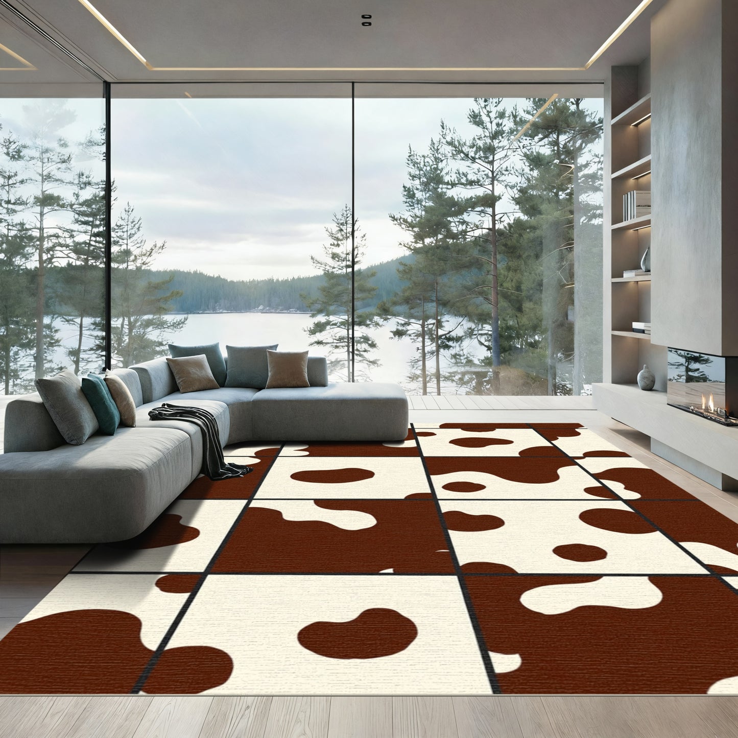 Brown Cream Patchwork Animal Print Rug