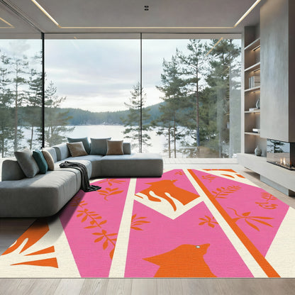Orange Bird Pink Geometric Floral Rug