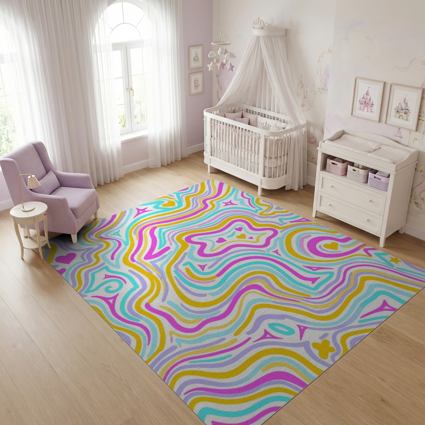 Vibrant Wavy Hearts Stars Rug