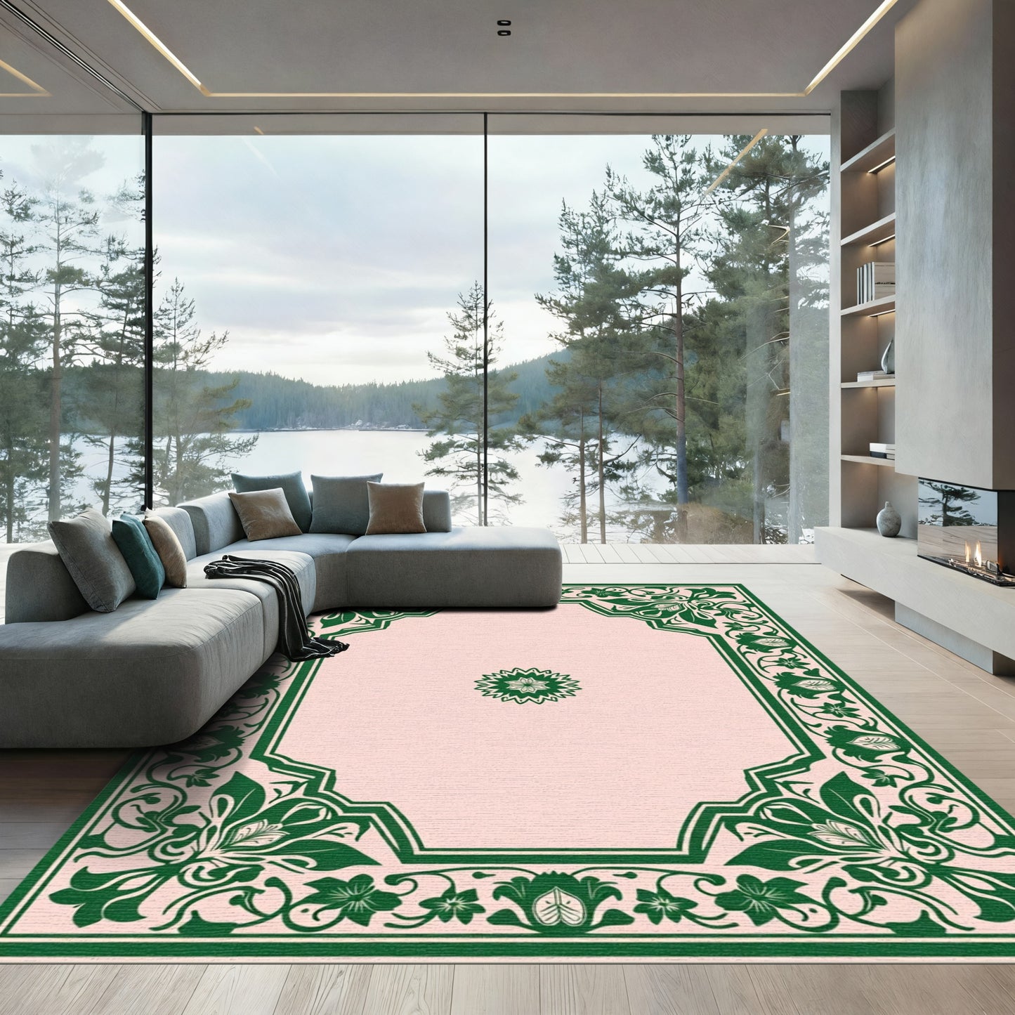 Green Floral Border With Center Medallion Rug