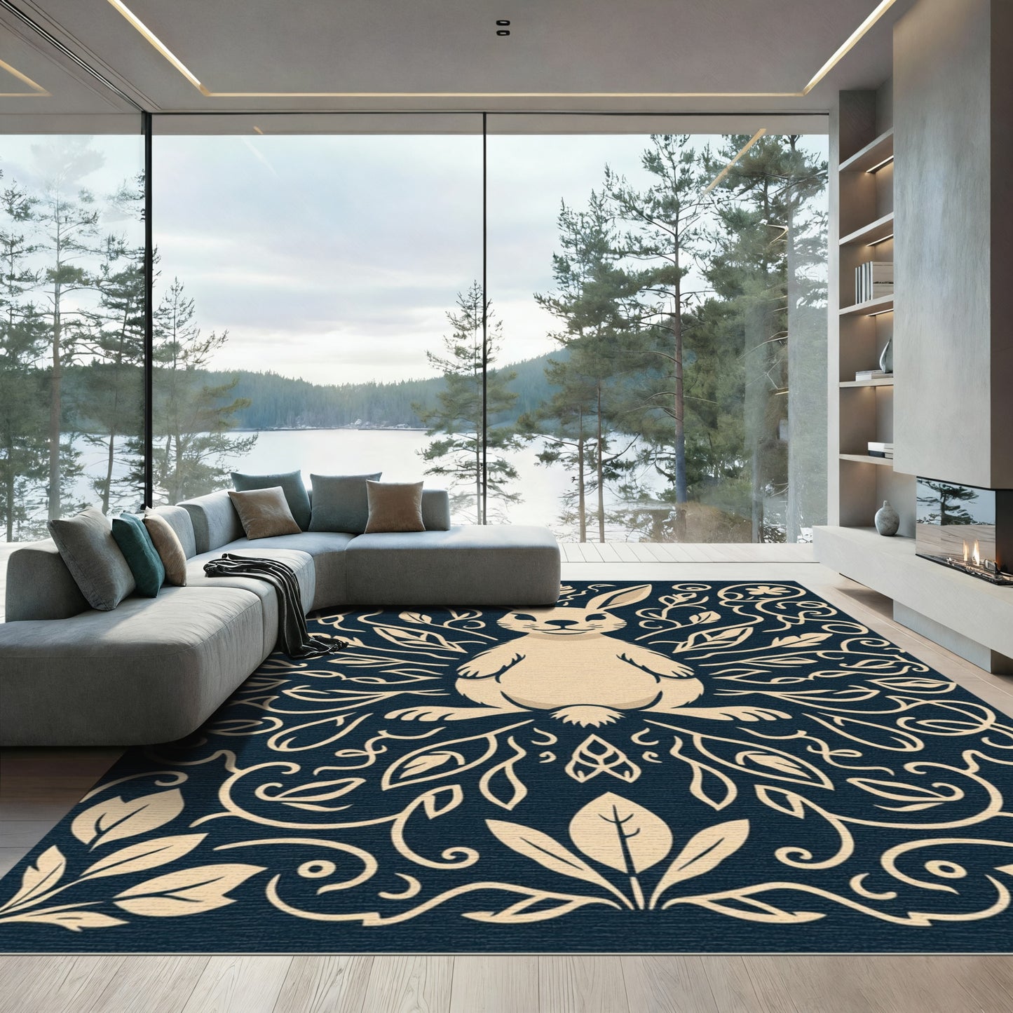 Cream Rabbit Floral Navy Rug