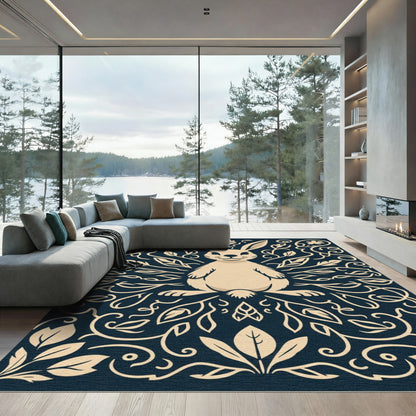 Cream Rabbit Floral Navy Rug