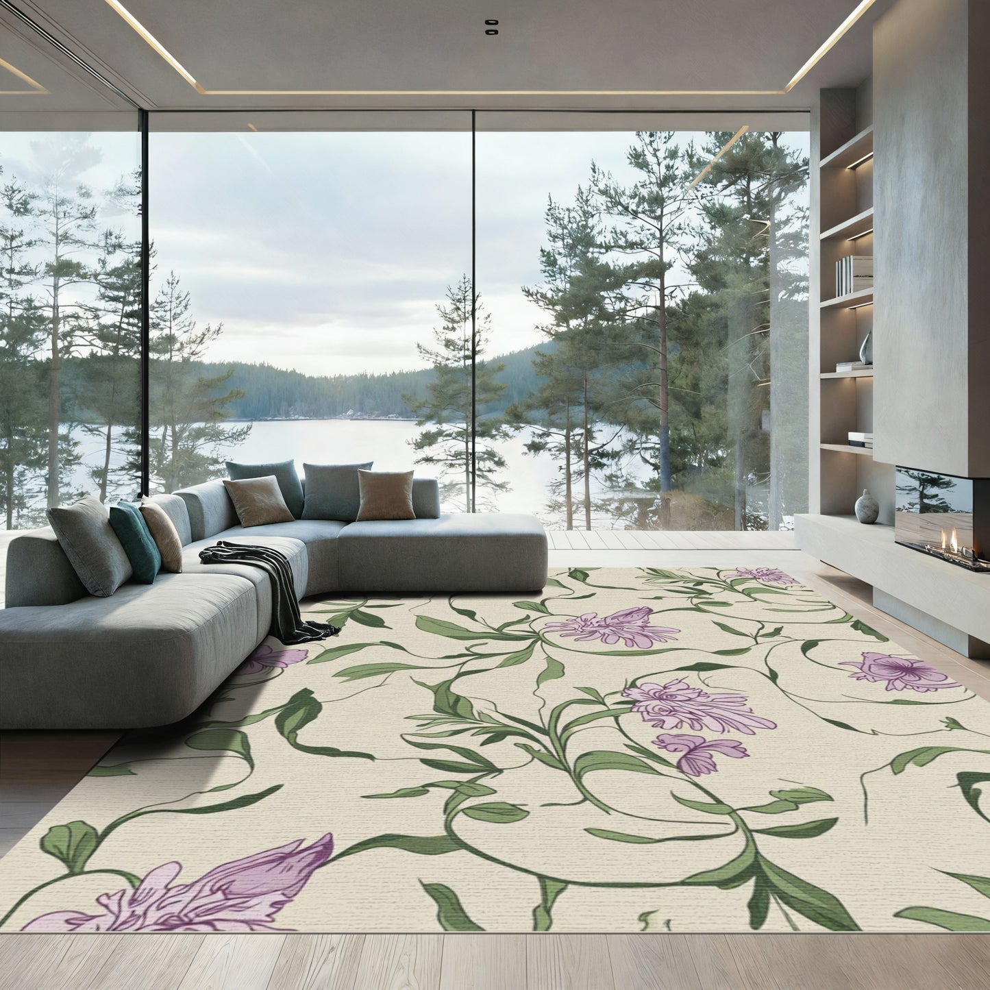 Light Purple Floral Vine Swirl Rug