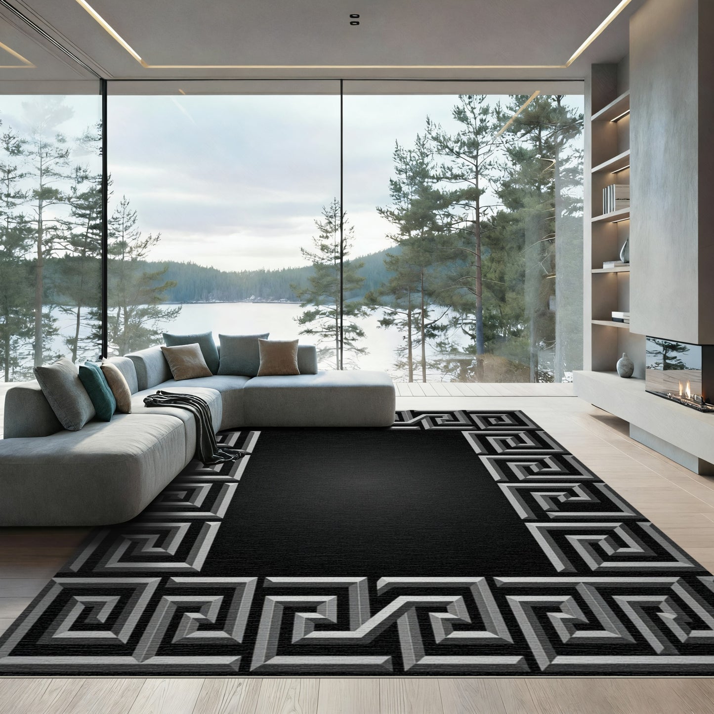 Geometric Gray Maze Frame Rug