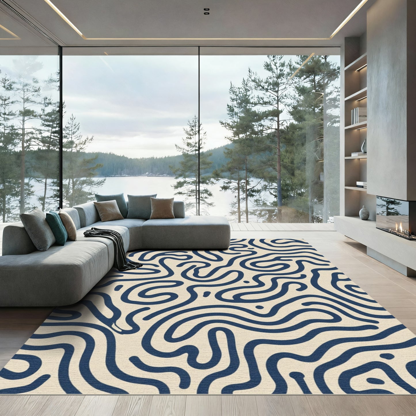 Abstract Navy Swirls Over Cream Rug