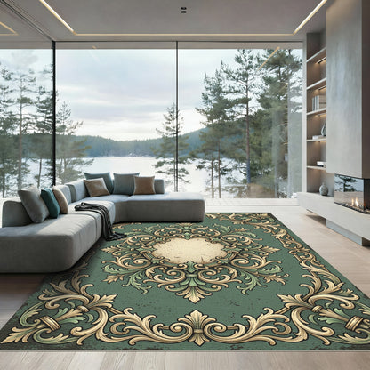 Elegant Sage Cream Ornate Baroque Frame Rug