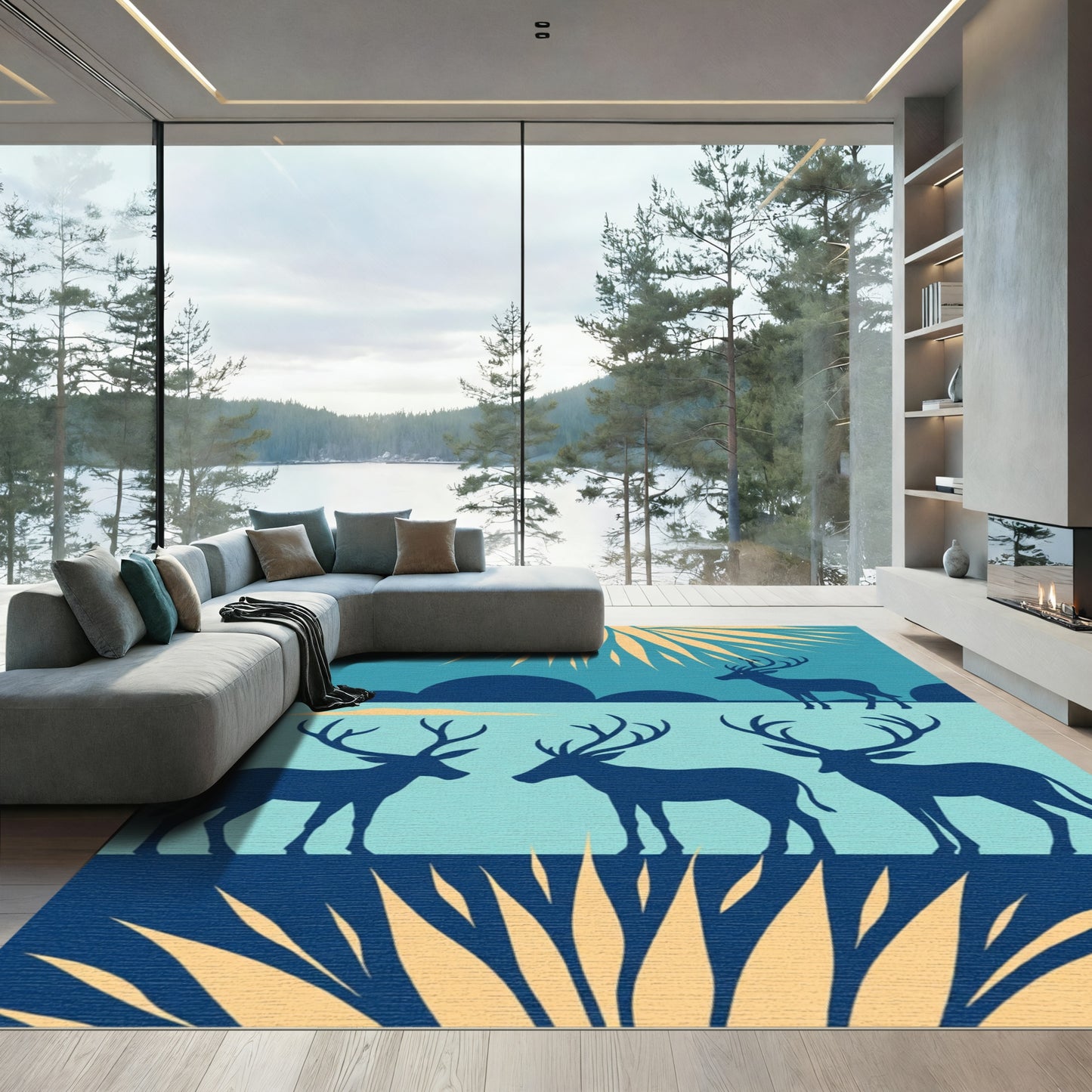 Cyan Silhouette Deer Serene Landscape Rug