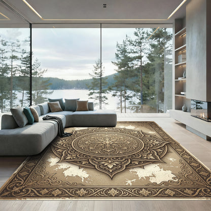 Elegant Sepia Ornate Floral Mandala Rug