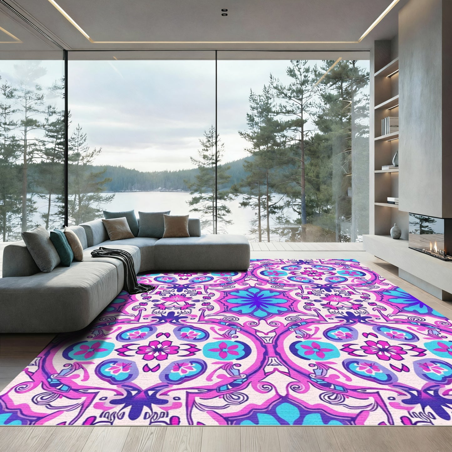 Vibrant Pink Blue Floral Medallion Composition Rug