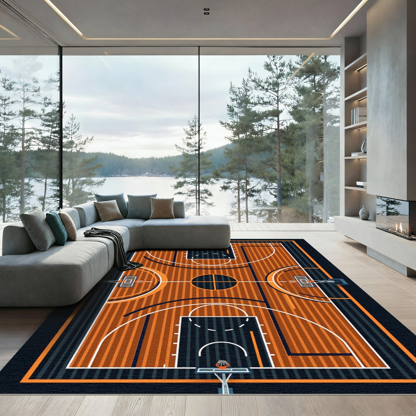 Modern Geometric Basketball Court Graphic Rug